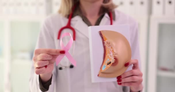 Врач Держит Розовую Ленту Анатомию Молочной Железы Демонстрируя Поддержку Пациенту — стоковое видео