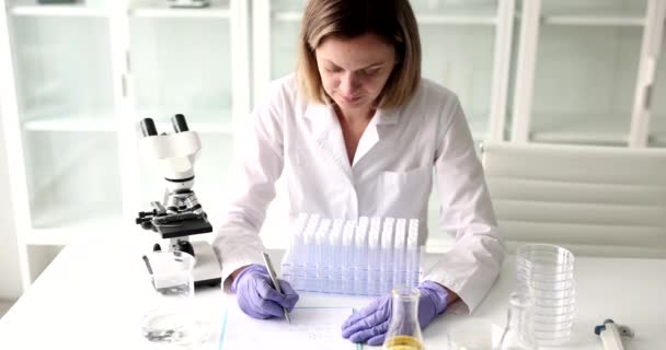 Biólogo Científico Escribe Notas Papel Laboratorio Resultado Del Estudio Toxicológico — Vídeos de Stock