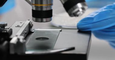 Bilim adamı elektron mikroskobu altında şeker kristallerini inceliyor. Kristal madde üzerine profesyonel kimyasal araştırma