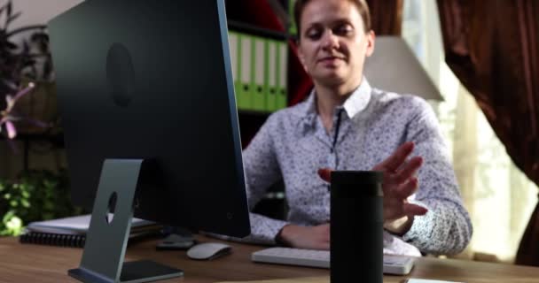 Female Freelancer Uses Household Humidifier Workplace Home Office Climate Control — Stock Video