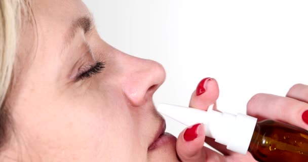 Woman Dripping Vasoconstrictor Drops Nose Profile Movie Treatment Acute Respiratory — Stock Video