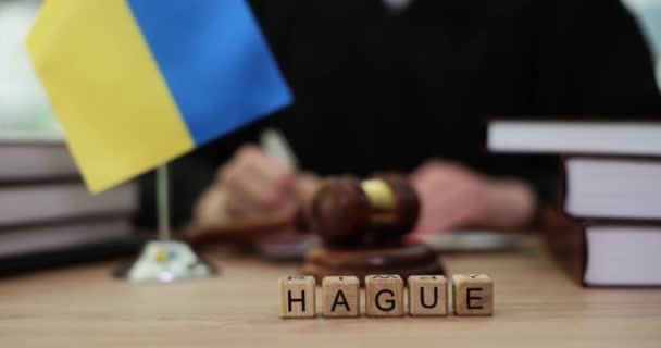 Lahey Ukrayna Bayrağı Tokmağının Yakınındaki Masada Yazı Yazan Hakime Karşı — Stok video