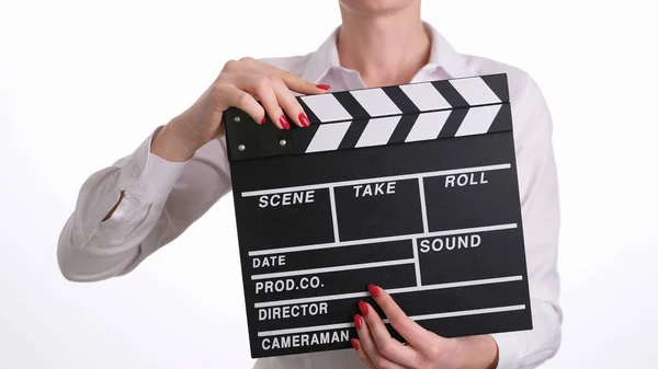 Woman Assistant Director Banging Clapper While Filming Closeup Film Production — Stock Photo, Image