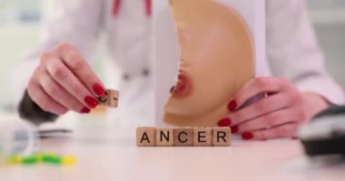 Doktor, tahta küpün üzerine, yapay göğüs modeline karşı kanser kelimesinin kullanılmasını sağlayan bir mektup ekliyor. Kadın doktor, kadın organı ve tedavisinin ağır çekimde ciddi bir hastalığı olduğunu söylüyor.