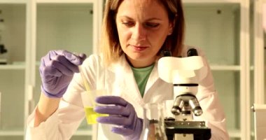 Bilim adamı pipetle idrar örneği alıyor ve elektronik mikroskop altında tutuyor. Lastik eldivenli kadın modern laboratuarda ağır çekimde test yapıyor.