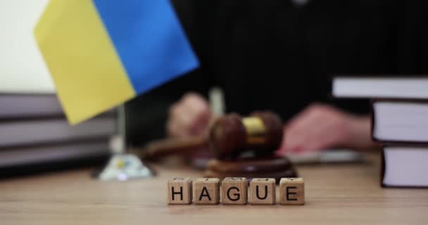 Palabra Hague Cubos Bandera Ucrania Jueces Corte Tribunal Onu Hague — Vídeos de Stock