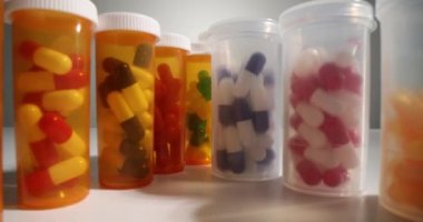 Tıbbi kapsüllü plastik şişeler. Vücut sağlığı ve güzellik için çeşitli besin takviyeleri ve vitaminler