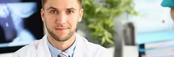 Portrait Young Handsome Male Doctor Clinic Medical Services Insurance Concept — 스톡 사진