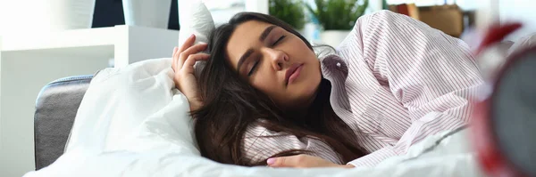 Sleepy Woman Closed Eyes Dreaming Future Vacation Sleeping Bedroom Feeling — Foto Stock