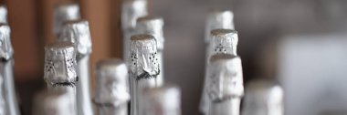 Silver bottles of champagne in row in bar. Party celebration concept