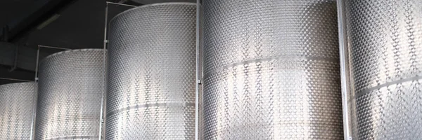 Steel Tanks Storing Alcohol Winery Closeup Modern Brewery Brew Kettles — Photo