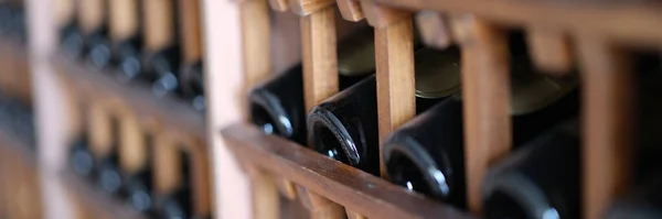Resting Dusty Wine Bottles Stacked Wooden Racks Basement Elite Collectible — Photo