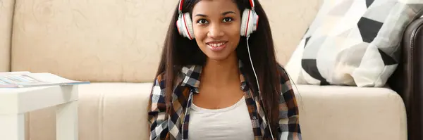 Happy African American Female Student Office Worker Wearing Headphones Sitting — Stockfoto