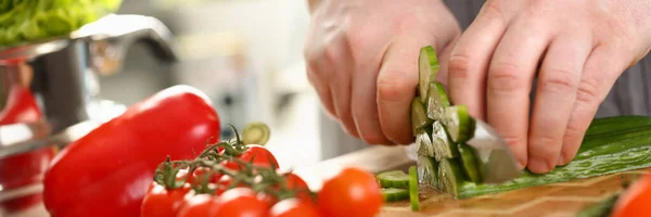 Cook Cuts Cucumbers Board Vegetables Kitchen Preparing Fresh Tasty Healthy — Fotografia de Stock