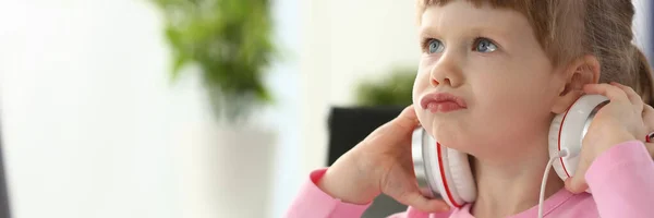 Beautiful Cute Little Girl Child Front Monitor Headphones Watching Cartoons — Stok fotoğraf