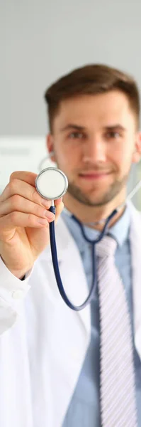 Young Male Doctor Cardiologist Therapist Holding Stethoscope Medical Services Insurance —  Fotos de Stock