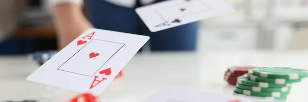 Hand Tossing Cards Aces Dice Gambling Casino Concept — Fotografia de Stock