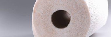 Roll of white toilet paper on gray background. Choosing quality toilet paper concept