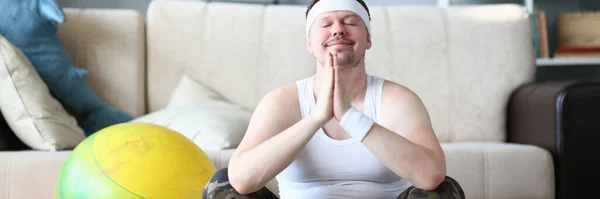Calm Young Man Enjoying Meditation Home Yoga Meditation Concept — Stockfoto