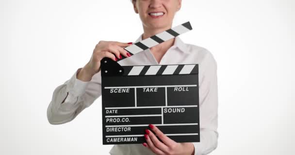 Smiling Female Assistant Director Banging Clapperboard Closeup Filming Start Filming — Stock Video
