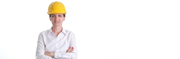 Ingenieurin Mit Gelbem Schutzhelm Auf Weißem Hintergrund Sicherheit Auf Der — Stockfoto