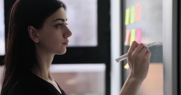 Çekici Kadını Etiketleri Ofiste Cama Yazıyor Yaratıcı Fikirleri Kaydetmek Çalışma — Stok video