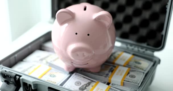 Suitcase Full Hundreds Dollars Piggy Bank Financial Savings Profitable Bank — Αρχείο Βίντεο