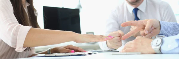 stock image Funny business concept, businessman playing Rock Paper Scissors,. Plays at table during negotiations concept