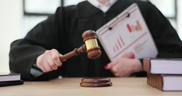 Δικαστής Κρατάει Ένα Φάκελο Επαγγελματικές Αναφορές Και Χτυπά Ένα Σφυρί — Αρχείο Βίντεο