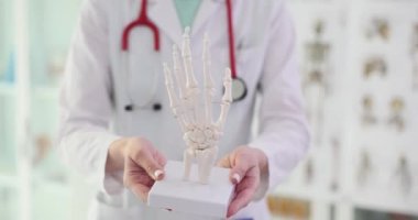 Doktor, insan elinin iskeletinin bir parçasını yakından tutuyor. Kemik kırığı, eklem tedavisi