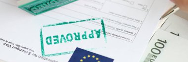 Avrupa Birliği 'ne seyahat vizesinin onaylanması, bir büyükelçilik çalışanı damgalar. Schengen vizesi almak