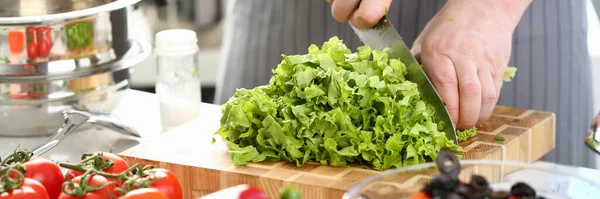 Cozinheiro Masculino Faz Salada Legumes Corta Folhas Alface Verde Cozinhar — Fotografia de Stock