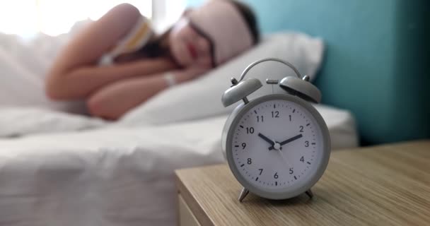 Woman Teenager Sleeps Bed Eye Mask Oclock Alarm Clock Morning — Stock Video