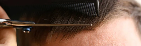 Skillful Hands Hairdresser Cut Comb Man Bangs Hair Care Men — стоковое фото