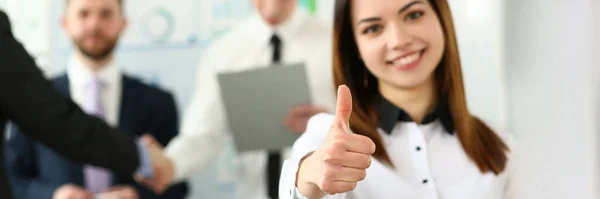 Businesswoman Feels Confident Team Thumbs Gesture Happy Businesswoman Showing Thumbs — Foto de Stock