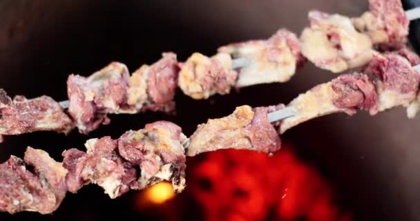 Espetos Churrasco Com Deliciosa Carne Grelhada Grelha Livre Costelas Carne — Vídeo de Stock