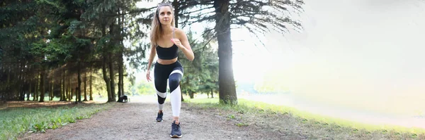 Mooie Atletische Jonge Vrouw Begint Joggen Het Park Ochtend Avond — Stockfoto