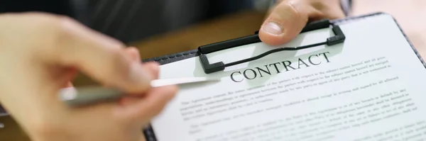 Manager Holding Out Document Contract Clipboard Pen Signing Closeup Legal — Stock Photo, Image