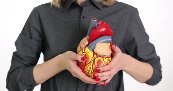 Жінка Тримає Відкриту Модель Людського Серця Тілі Проблеми Лікування Серцевих — стокове відео