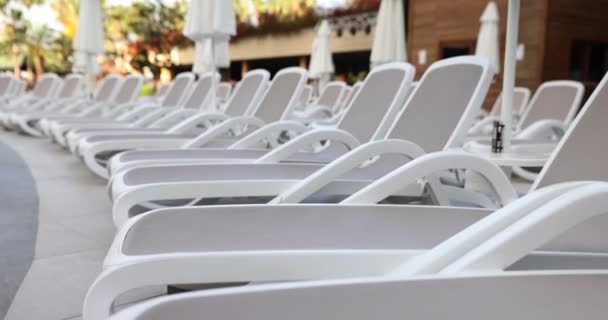 一排时髦舒适的日光浴池 酒店或温泉中心的优质躺椅 — 图库视频影像