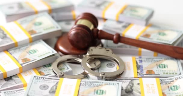 Judge Gavel Handcuffs Background Stacks Dollar Bills Judge Gavel Dollar — Stock Video