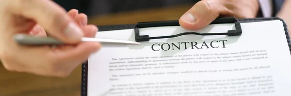 Male Manager Giving Client Contract Document Pen Signing Closeup Official — Stock Photo, Image
