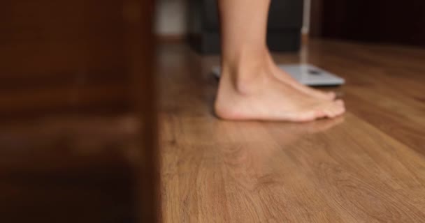 Women Feet Stepping Floor Scales Indoors Overweight Problem Concept — Stock Video