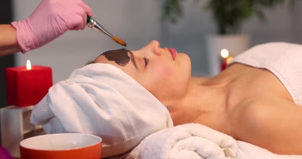 Yüz Maskesi Kaplıca Tedavileri Cilt Bakımı Güzellik Salonundaki Kadın Yüz — Stok video