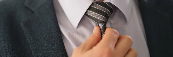 Businessman Manager Suit Straightening Tie Shirt Office Closeup Business Elegant — Stock Photo, Image