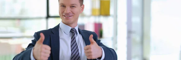 Successful Businessman Suit Showing Thumbs Office Success Career Growth Business — Stock Photo, Image