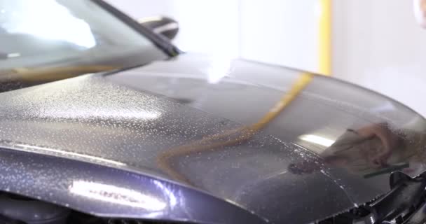 Τεχνικός Στο Πλυντήριο Αυτοκινήτων Συλλέγει Νερό Screed Από Την Κουκούλα — Αρχείο Βίντεο