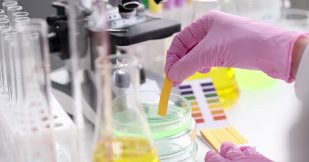 Der Wissenschaftler Mit Handschuhen Forscht Mikrobiologischen Labor Strahlen Biologe Überprüft — Stockvideo