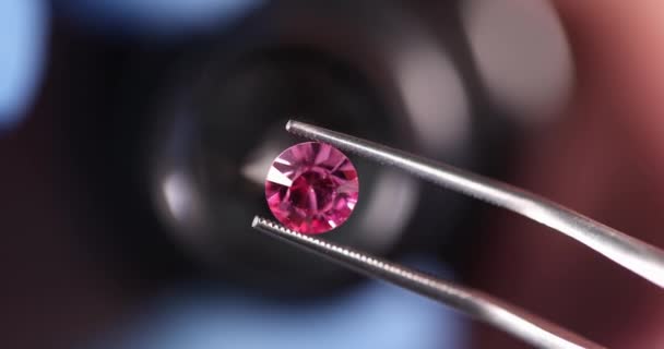 Gloved Jeweler Holds Pink Gemstone Tweezers Examines Magnifying Glass Pink — Stock Video