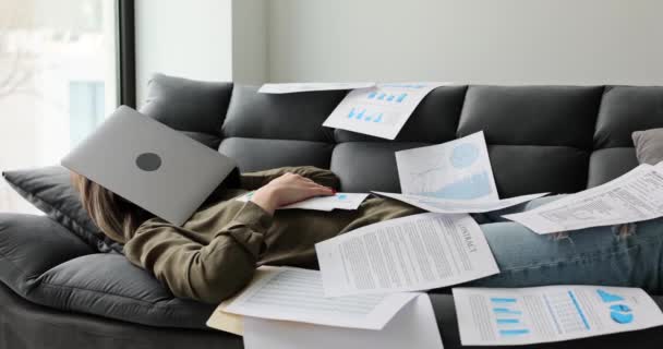 Tired Female Student Sleeps Home Couch Documents Does Research Prepares — Stock Video